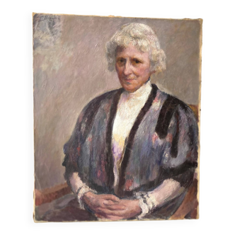 Portrait ancien signé Fernand Blondin daté 1932, huile sur toile vintage d'une femme