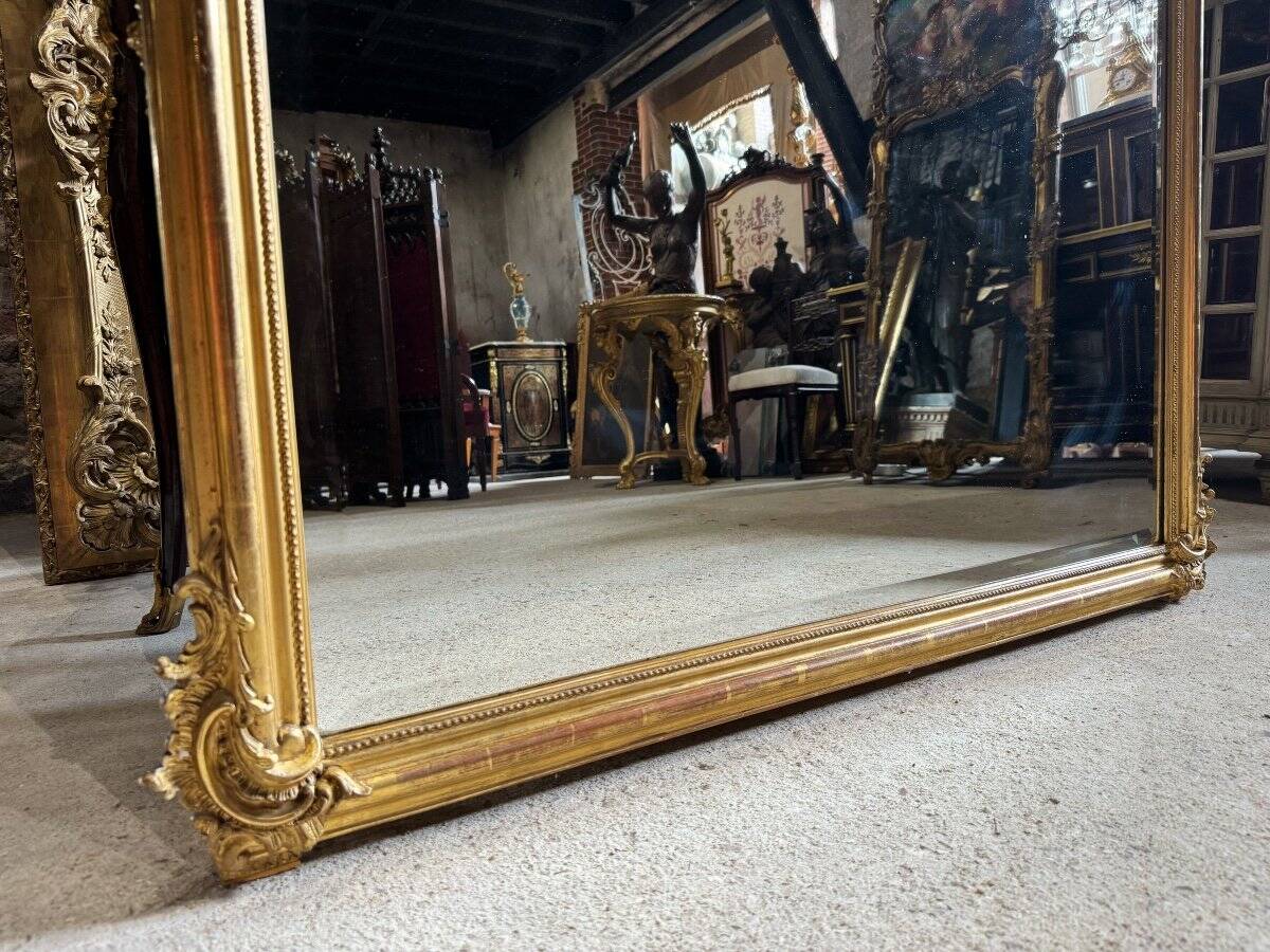 Napoleon III Period Fireplace Mirror in Gilded Wood with Louis XV Style Leaf