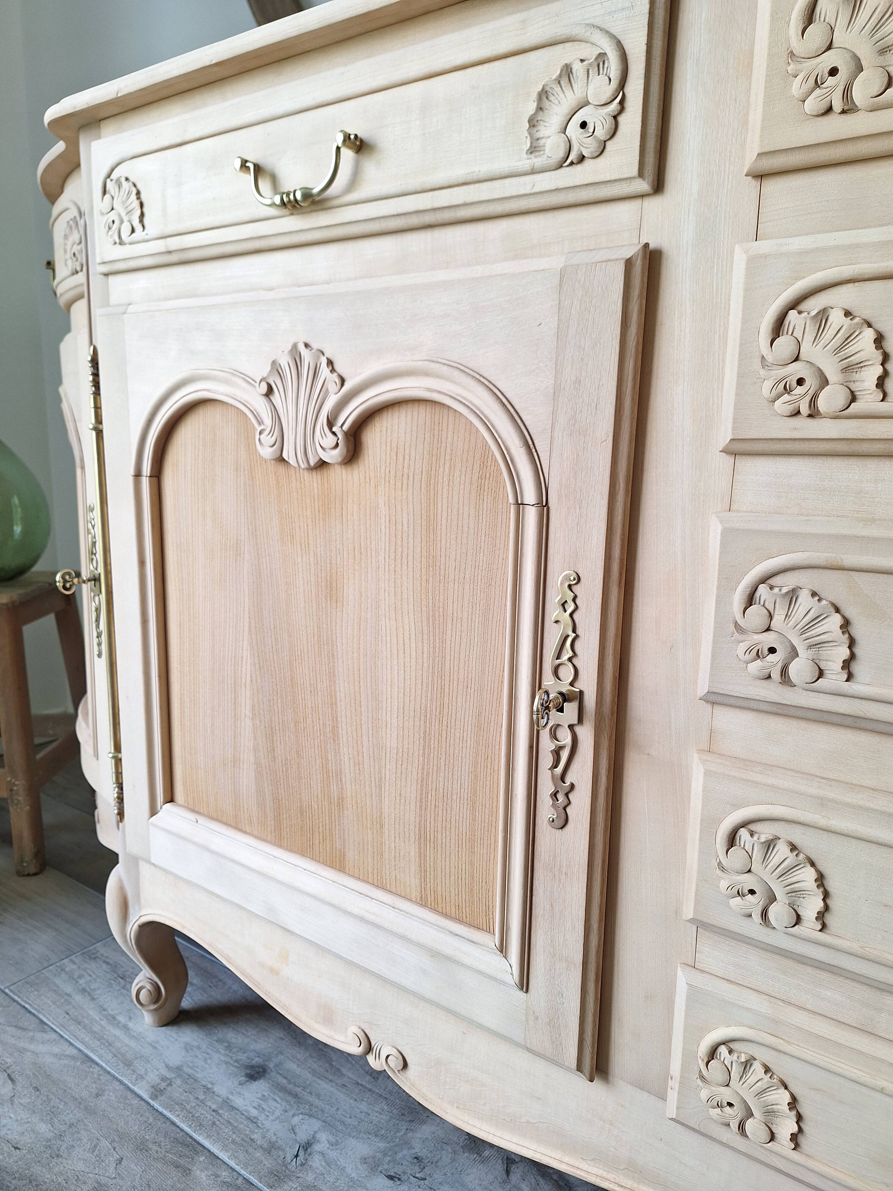 Low buffet in renovated solid cherry wood – Revisited Louis XV style – 250 cm