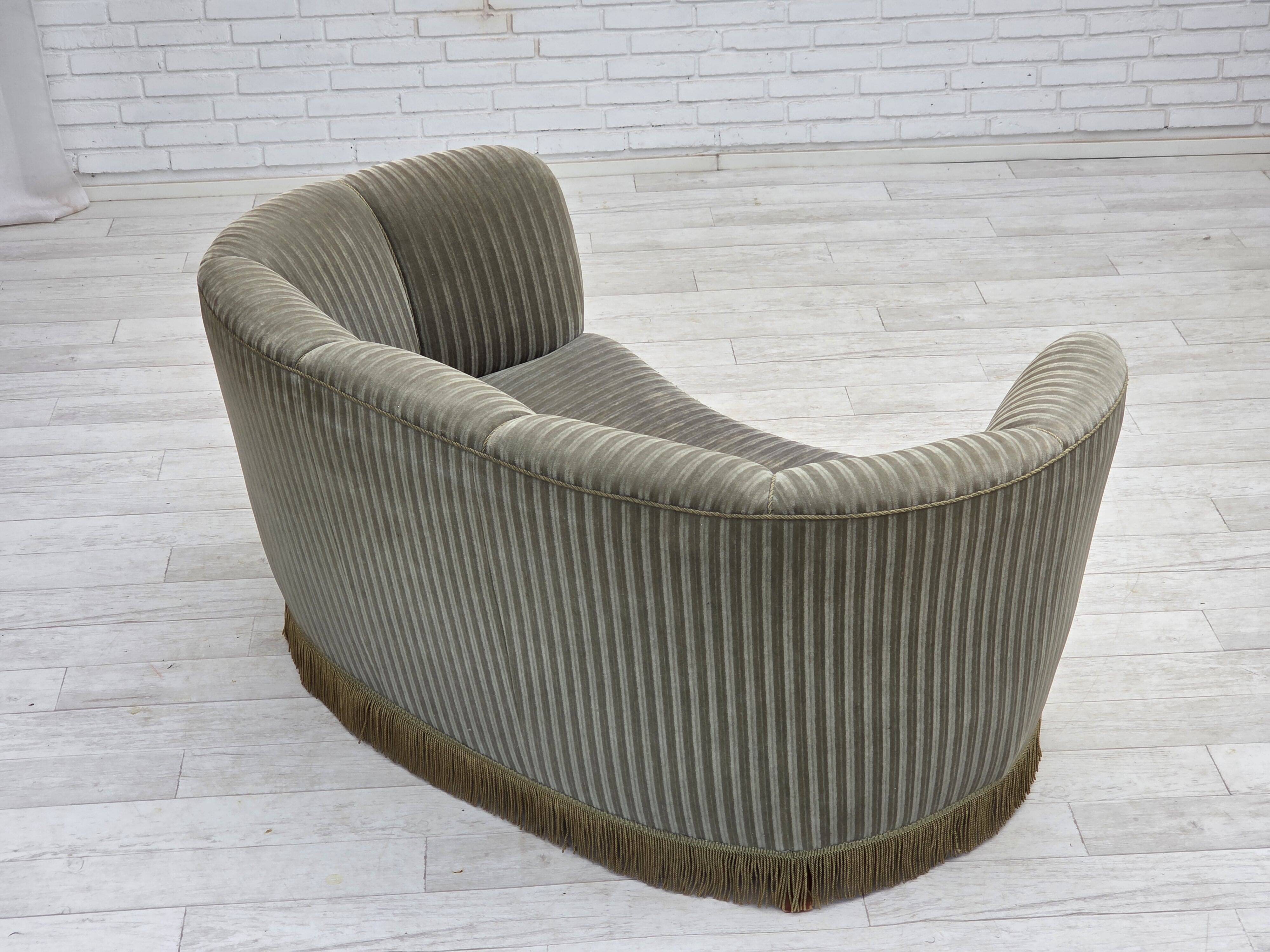 1970s, Danish 2-seater curved sofa, original furniture velour, beech wood.