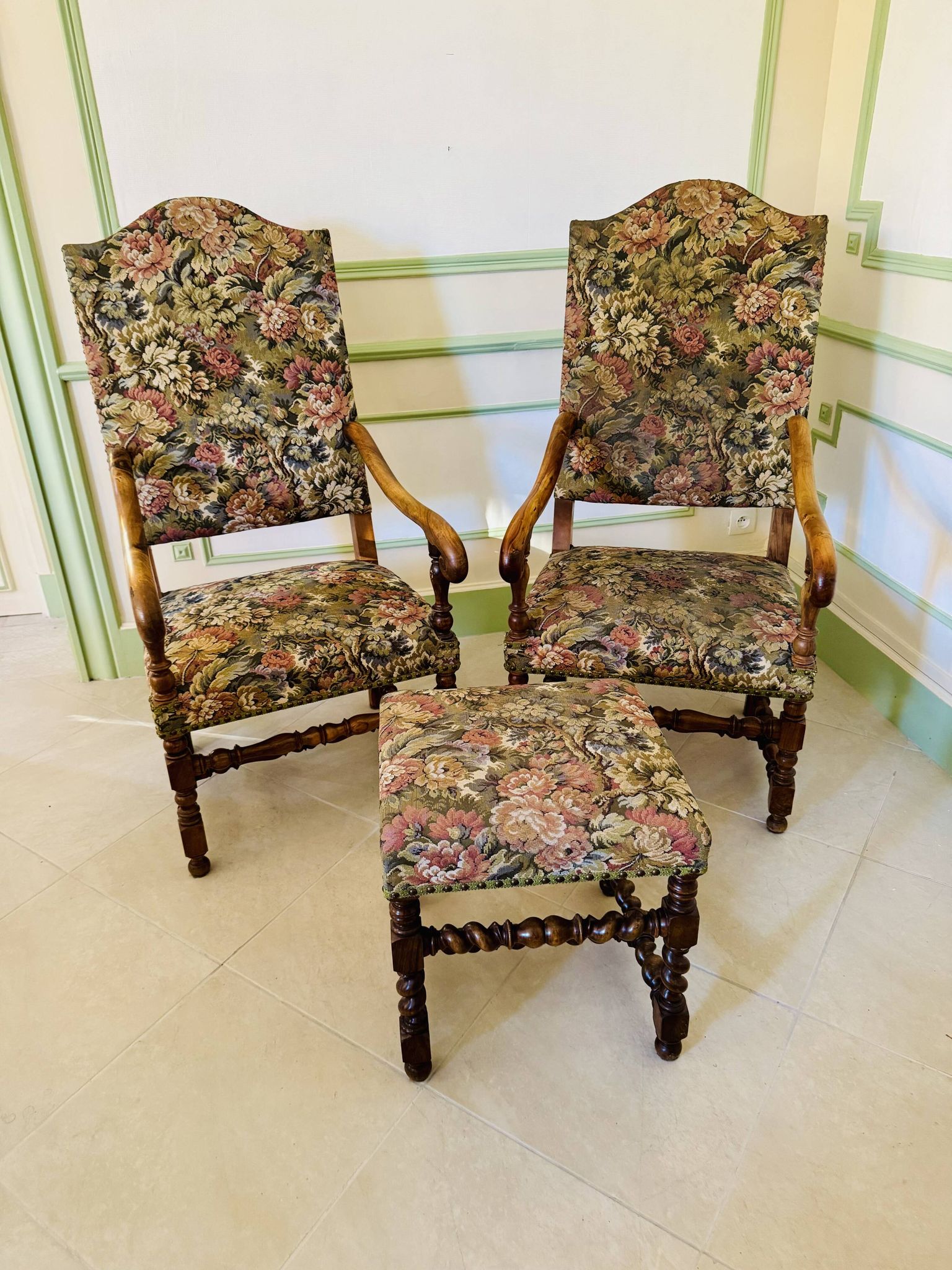 Pair of antique armchairs in Henri II / Neo-Renaissance style + footrest
