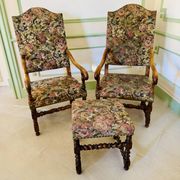 Pair of antique armchairs in Henri II / Neo-Renaissance style + footrest