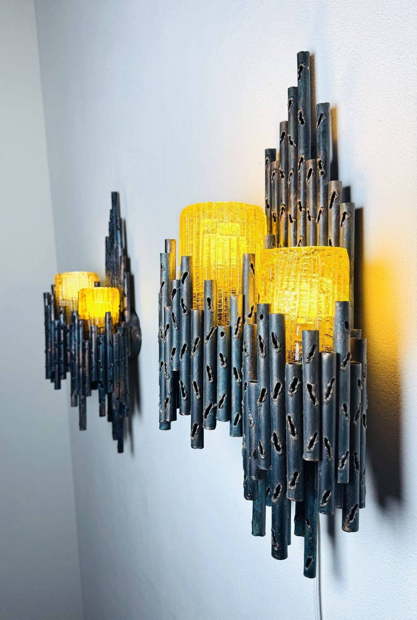 Set Of Double Chalice Brutalist Wall Lamp By Marcel Fantoni, Italy, 1960S