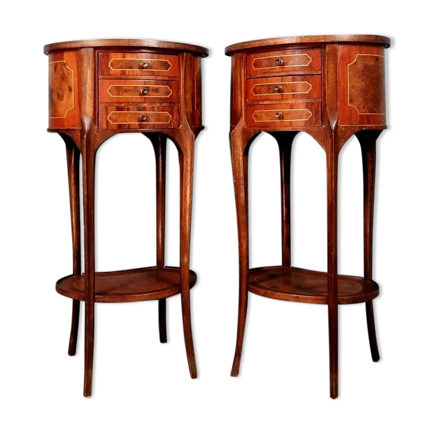 Pair of bedside Louis XV drums in precious wood marquetry of the twentieth century