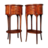 Pair of bedside Louis XV drums in precious wood marquetry of the twentieth century