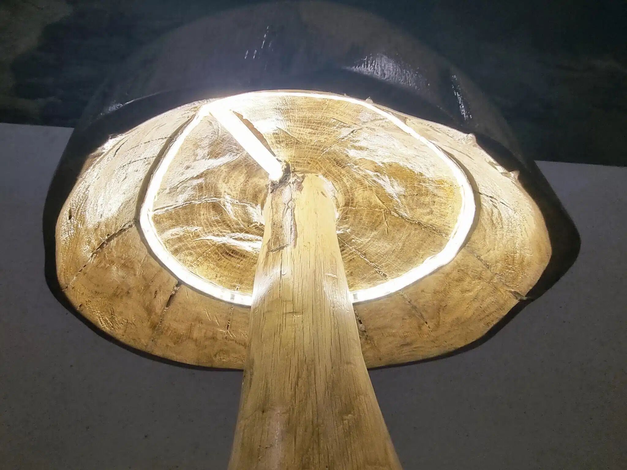 Hand-carved oak table lamp in the shape of a mushroom