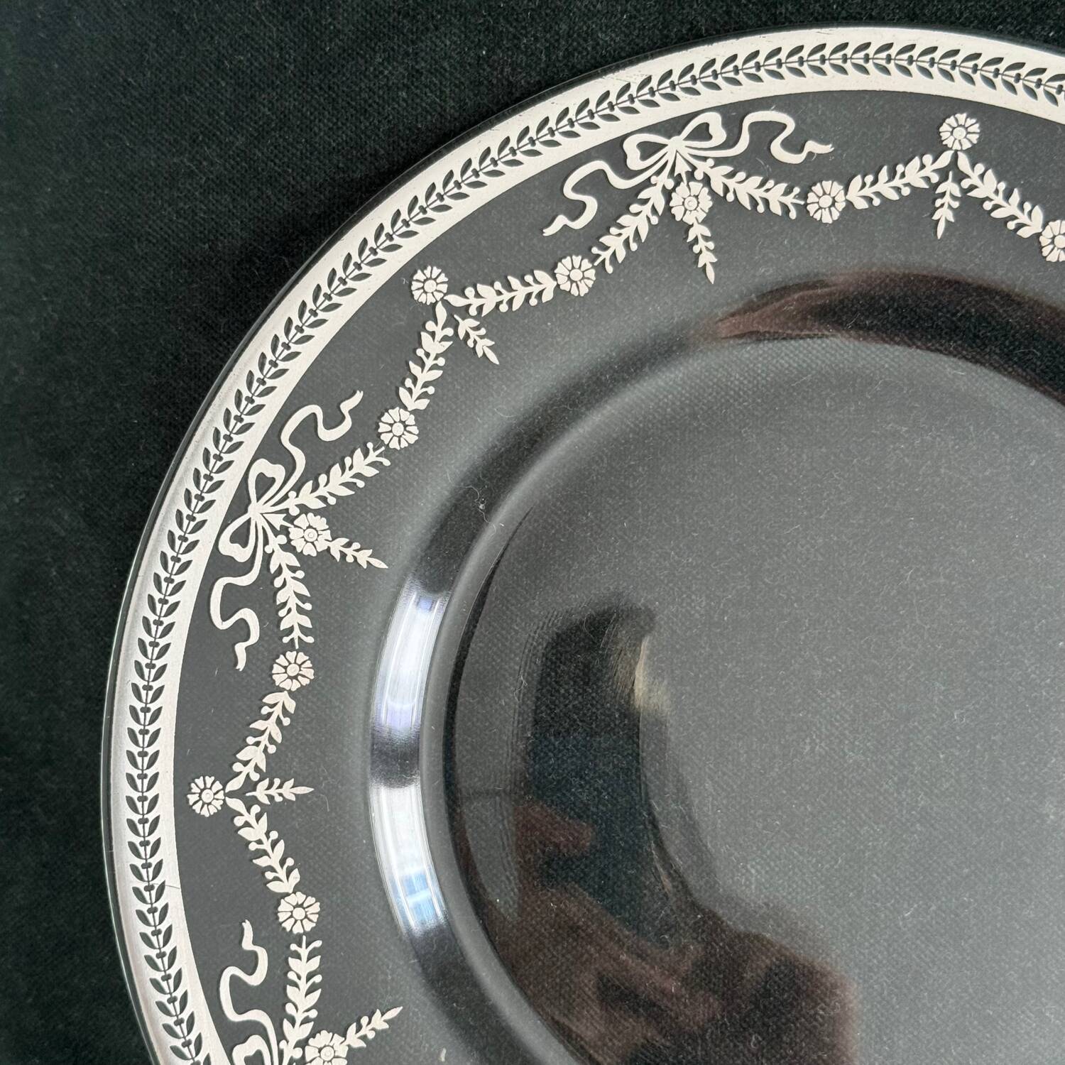 Vintage Glass Dessert Plate with Silver Ribbons/Bows and Garlands