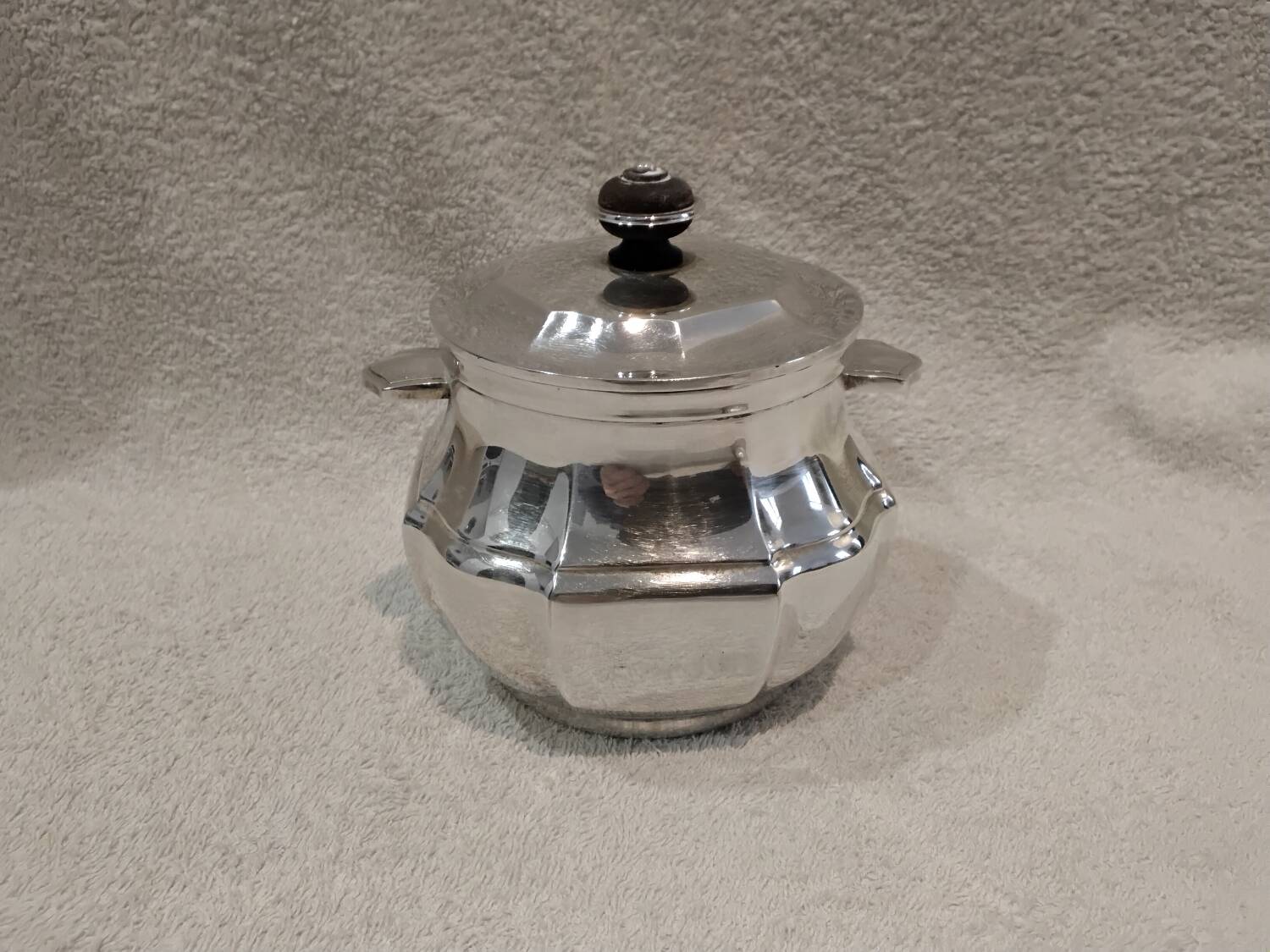 Silver metal sugar bowl in the 18th-century style by silversmith Christofle.