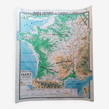 Old physical France map N°11 Hatier Kaeppelin cardboard.