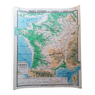 Old physical France map N°11 Hatier Kaeppelin cardboard.