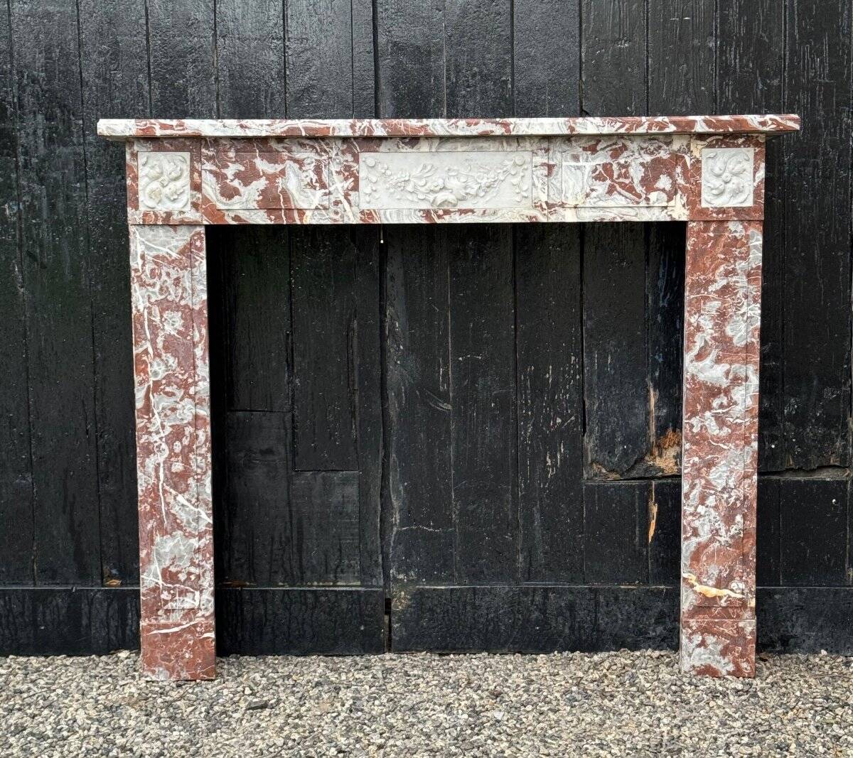 Louis XVI style fireplace in royal red and white Carrara marble circa 1900