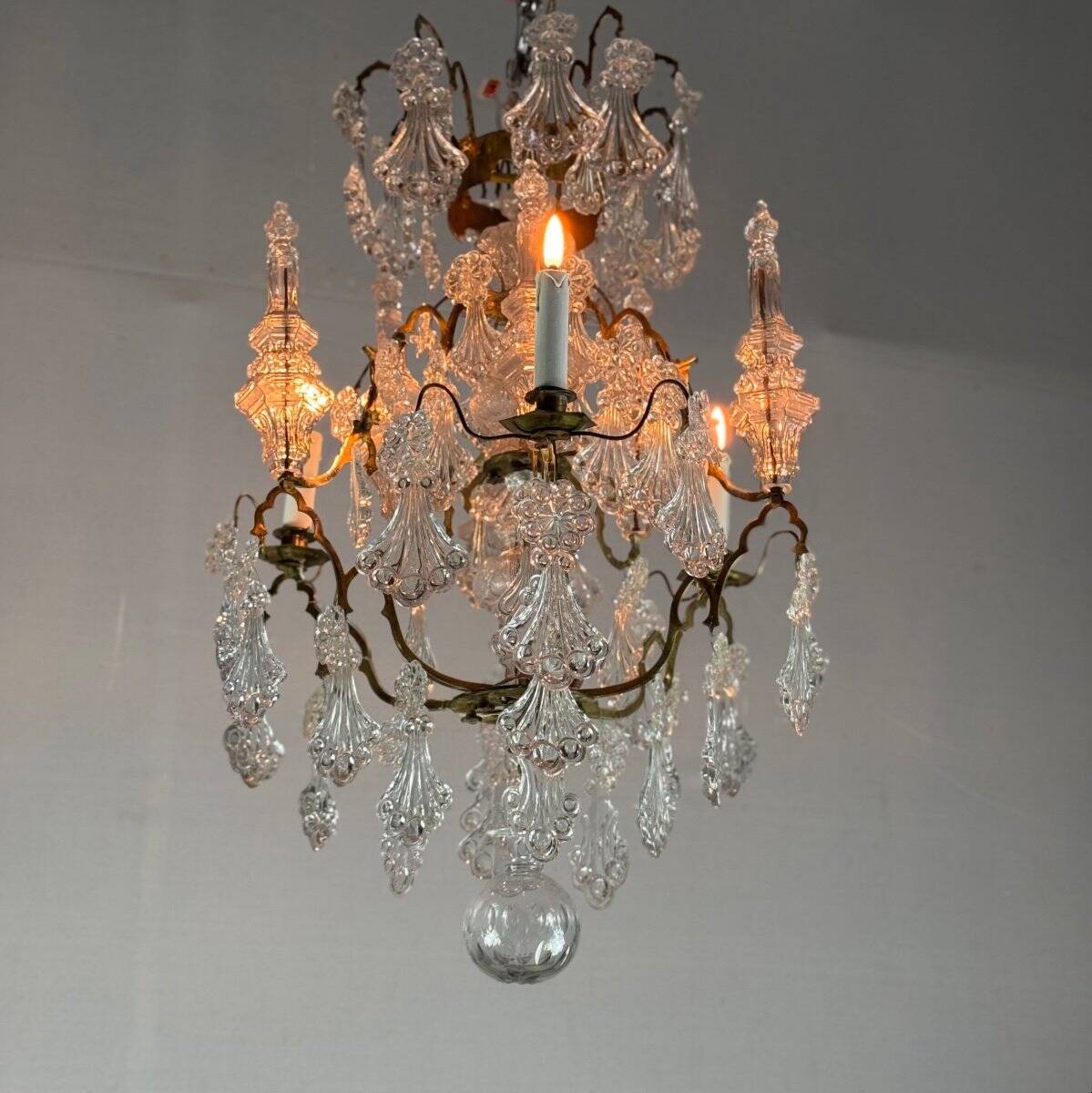 Cage chandelier, molded glass and bronze pendants, circa 1800