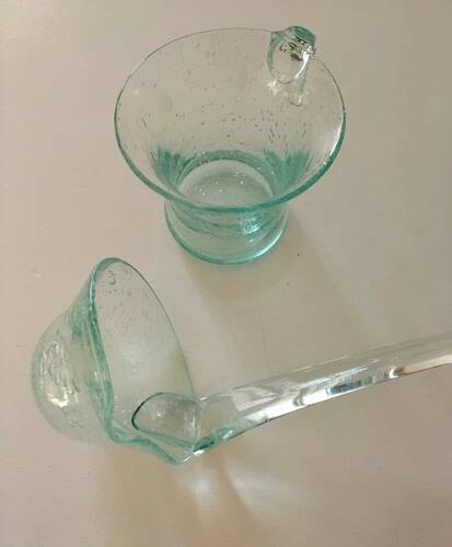 Service en verre soufflé bullé vert d'eau – Coupe sur pied, 5 tasses et louche