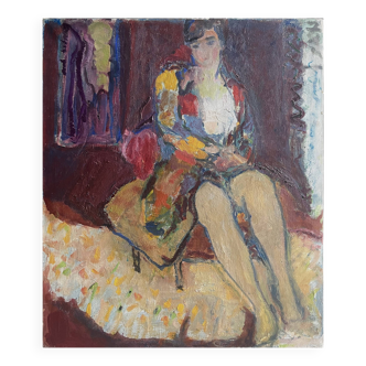Femme assise, XXe, signé FORVEILLE au revers, huile sur toile, 65 x 54 cm, sans cadre