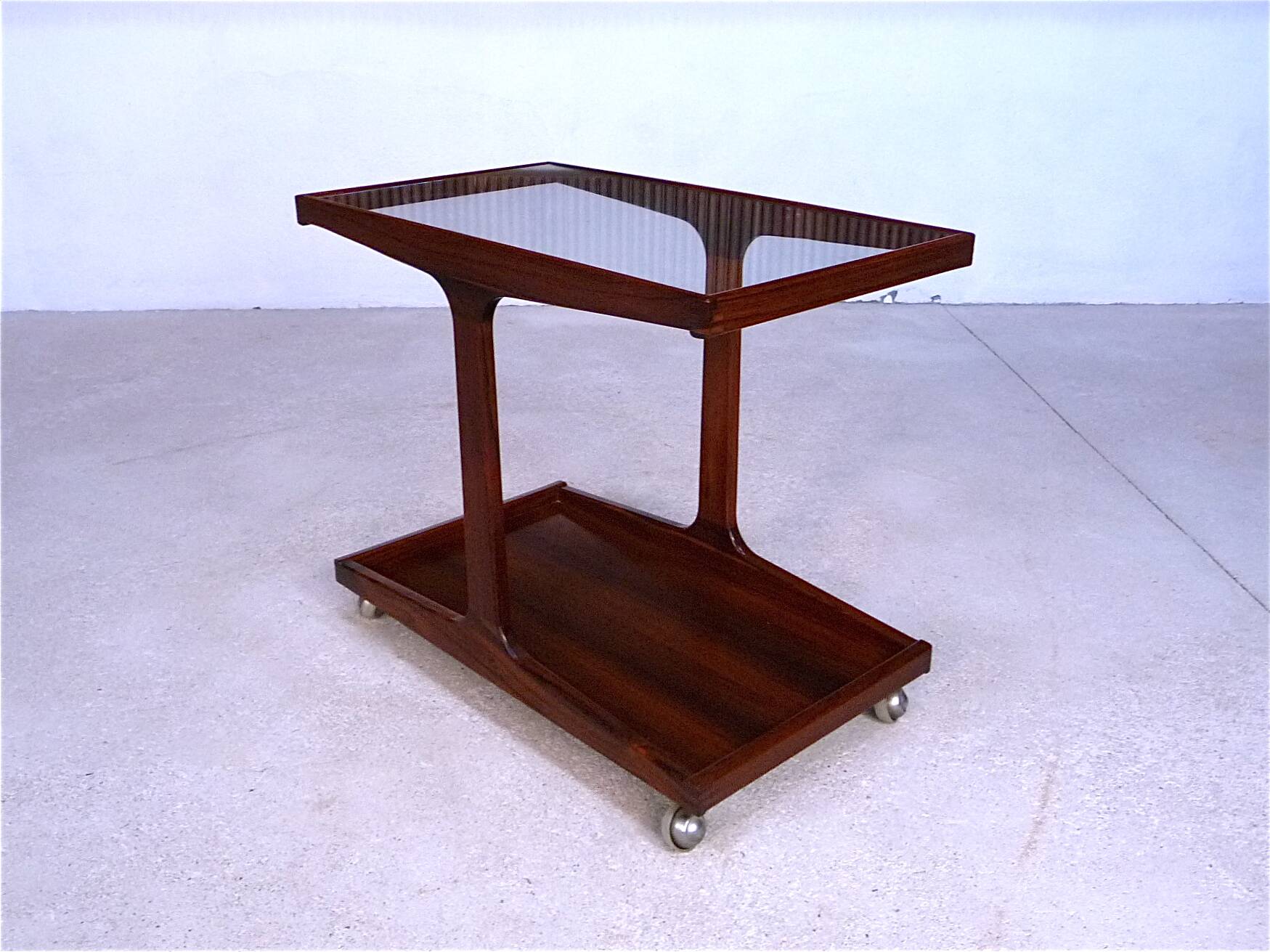 Vintage Modernist Serving Bar Cart in Walnut with Glass Top, Germany 1960s