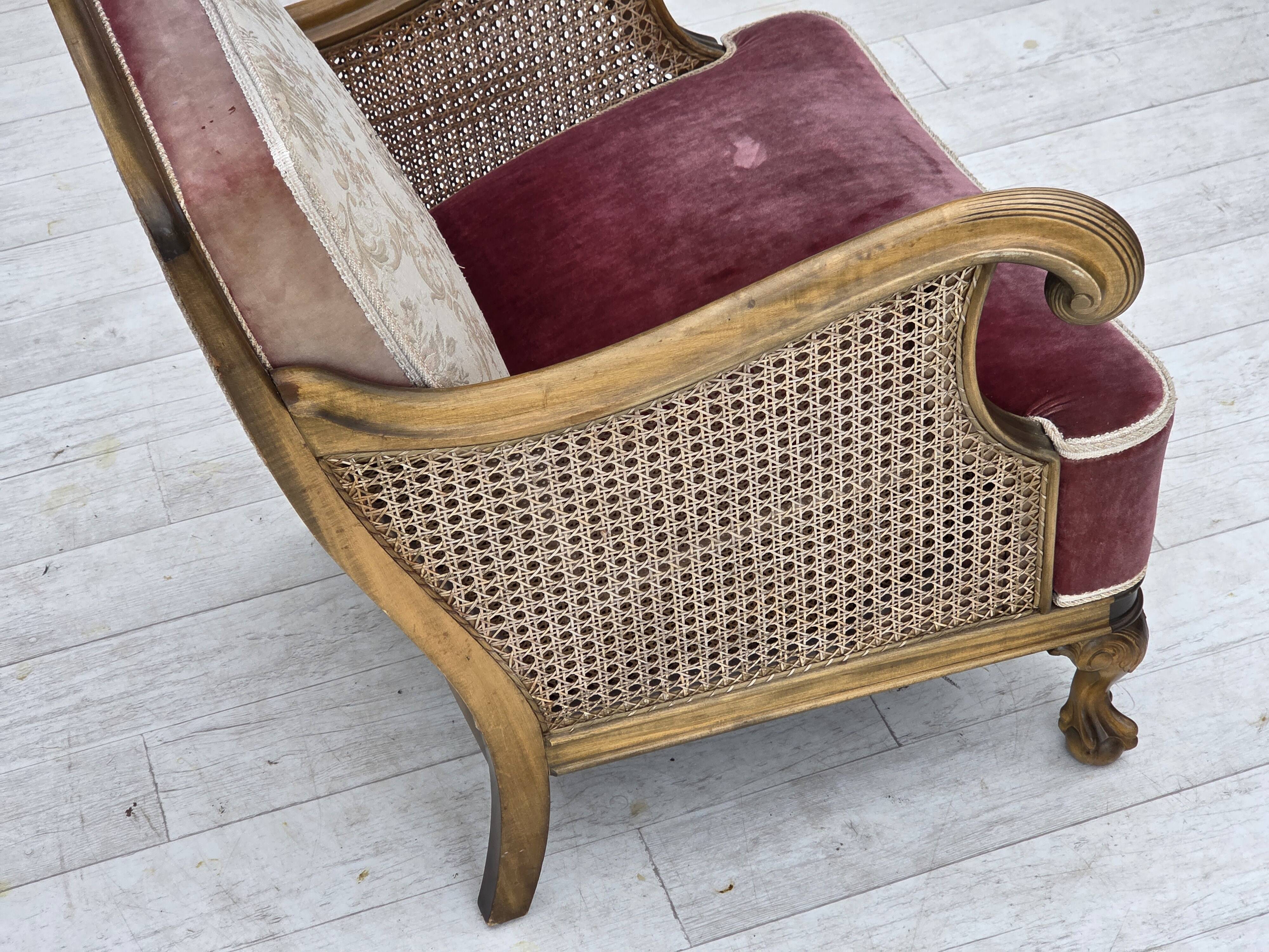 1940s, Danish armchair, woven wool, velour, mesh, carved oak wood.