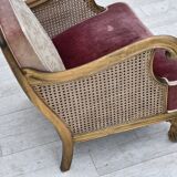 1940s, Danish armchair, woven wool, velour, mesh, carved oak wood.
