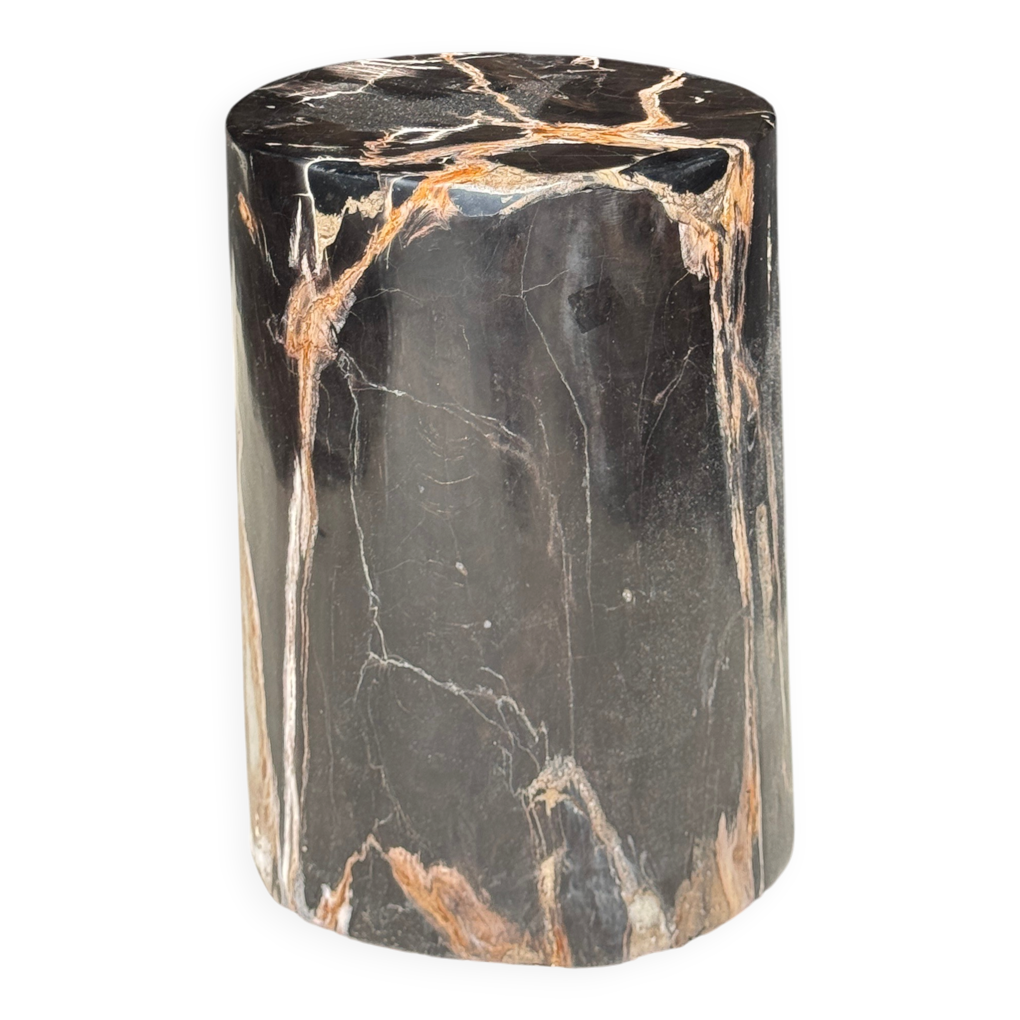 Black petrified wood side table with beige stripes, star pattern H35 D24.