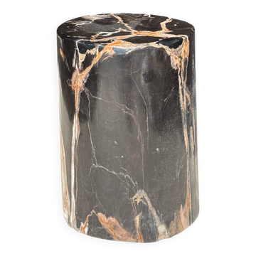 Black petrified wood side table with beige stripes, star pattern H35 D24.