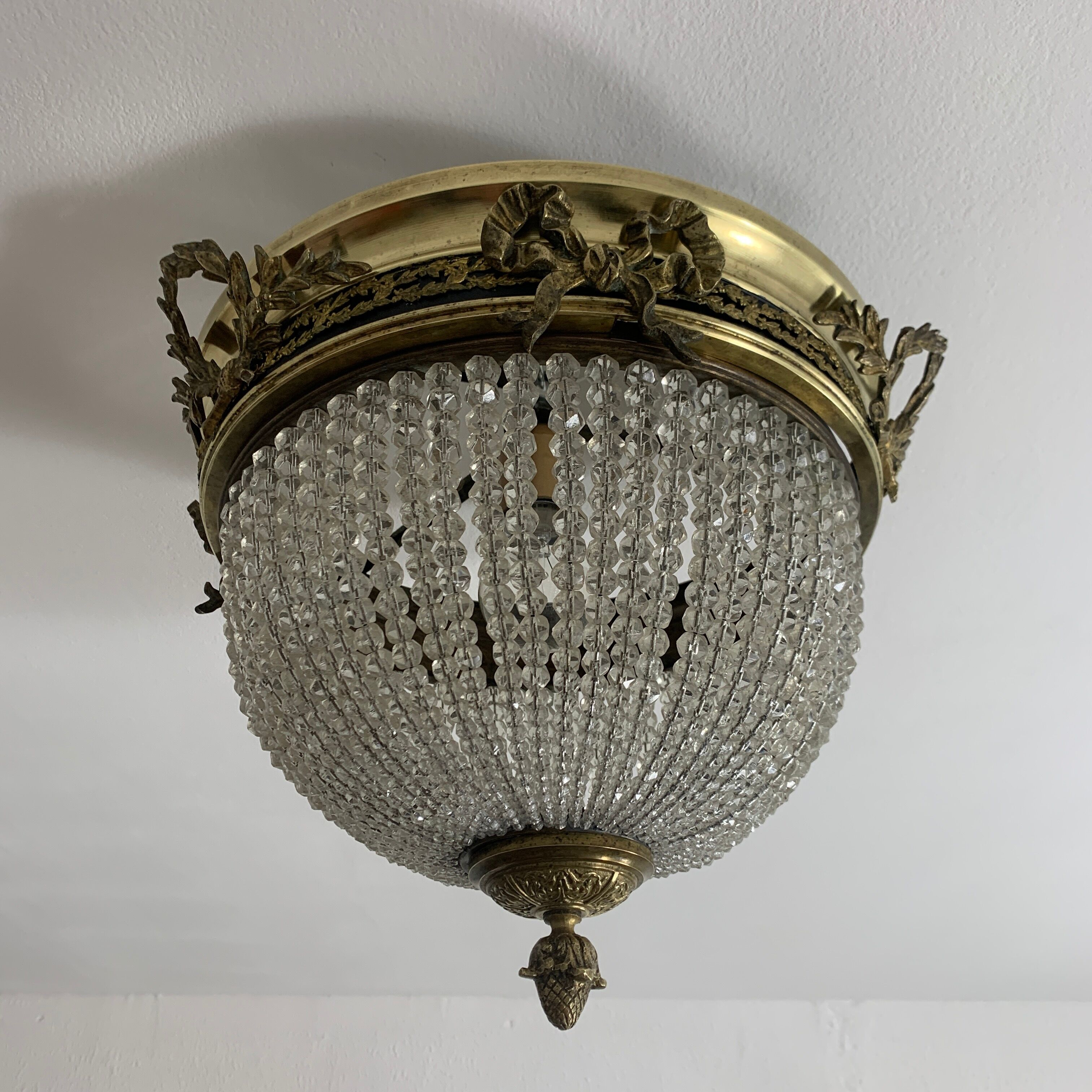 Ceiling light basket old 19th brass and faceted glass beads