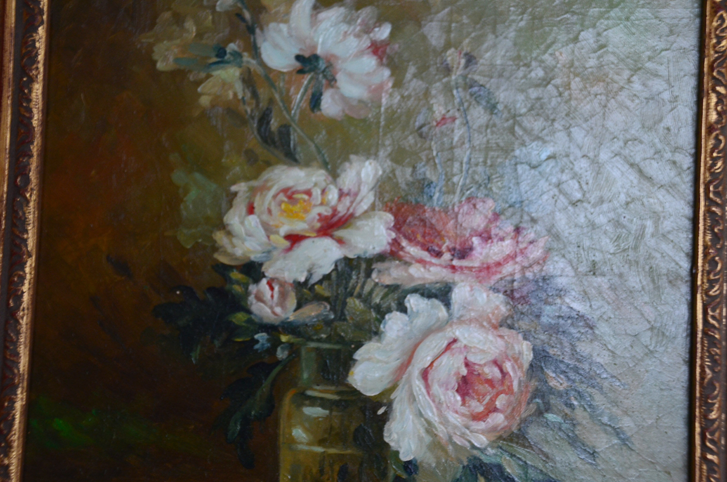 Peinture huile nature morte bouquet de pivoines XIXème