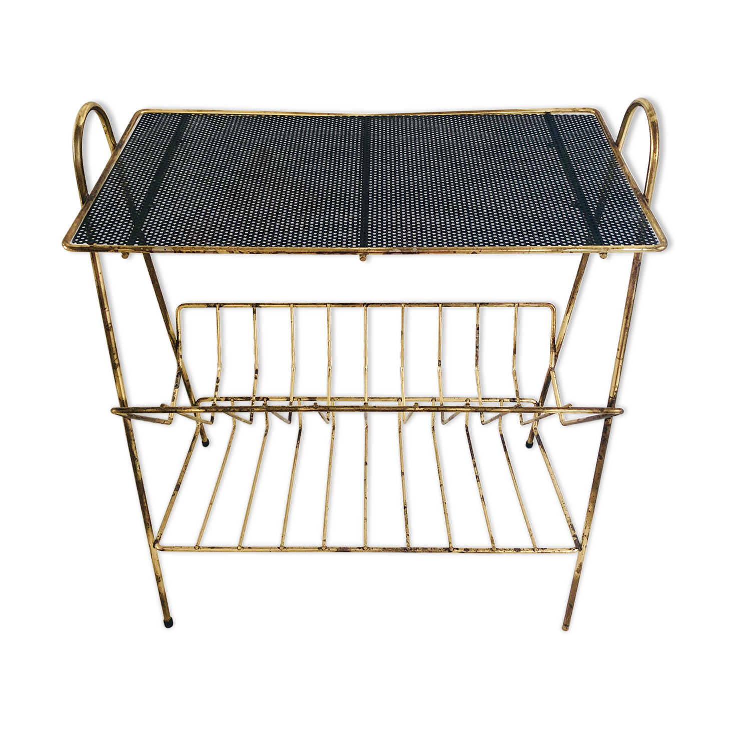 Extra table / black metal and brass vinyl door