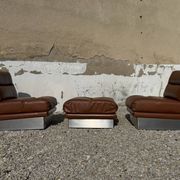 Complete vintage living room set, brushed aluminum and brown leather, France, 1970