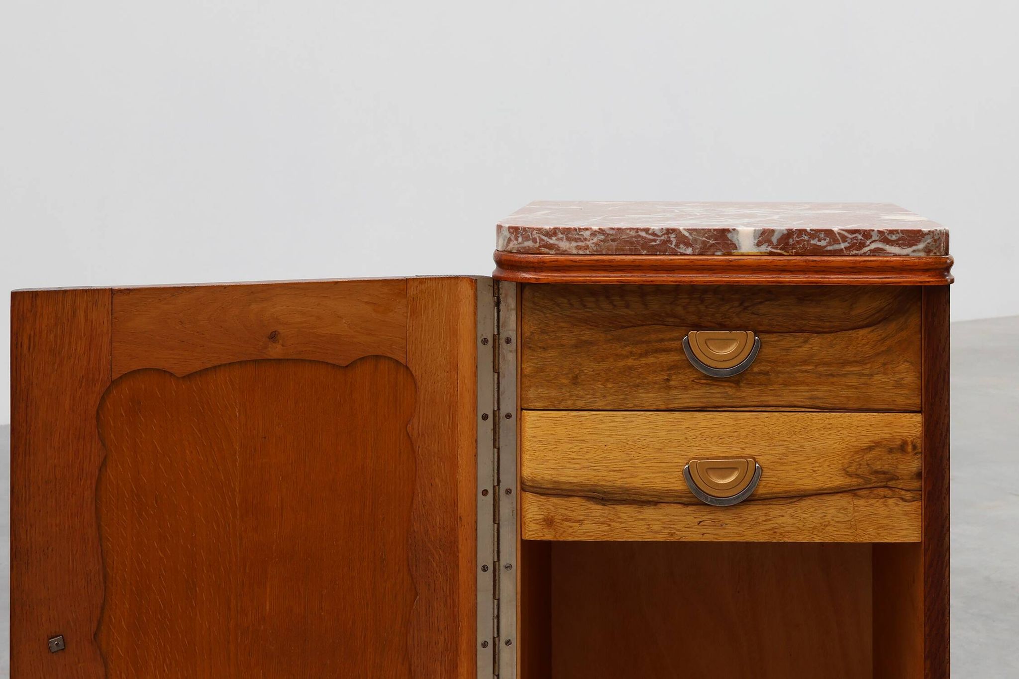 Pair of Art Deco nightstands in oak with marble top, France ca. 1925