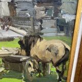 Oil-on-canvas painting The Blacksmith's Workshop 1956 signed by Fomine