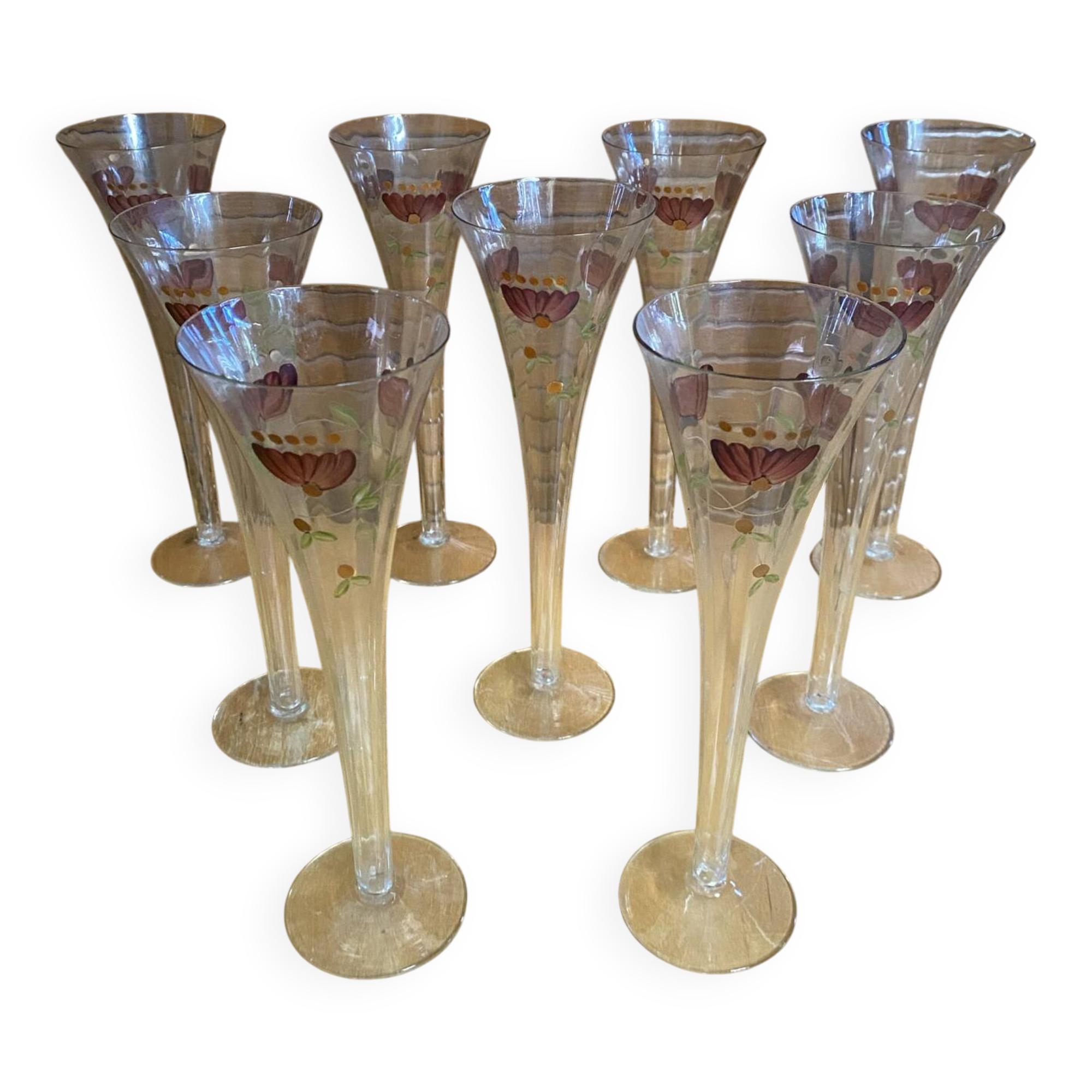 Series 9 Champagne Flutes Fine Glass Hand-Painted Floral Decor Vintage #E3