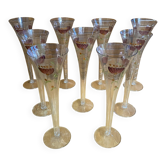 9 flûtes à champagne vintage en verre fin décor floral peint à la main