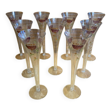 9 flûtes à champagne vintage en verre fin décor floral peint à la main