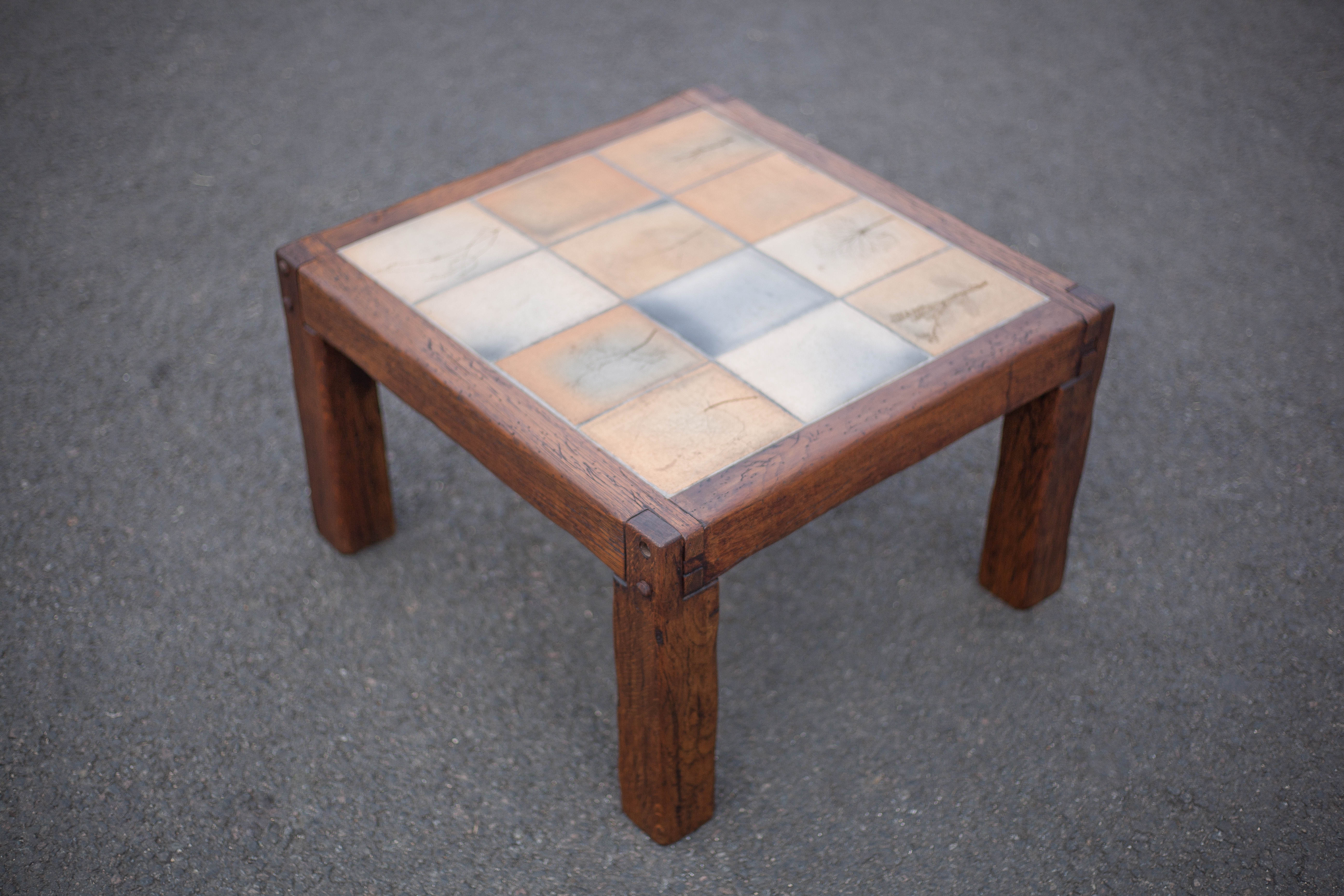 small ceramic coffee table herbarium feet wood, table signed R.capron