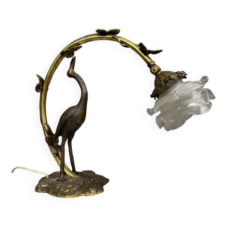 Lampe au héron en bronze, époque Art Nouveau