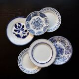 6 vintage mismatched blue and white porcelain dessert plates