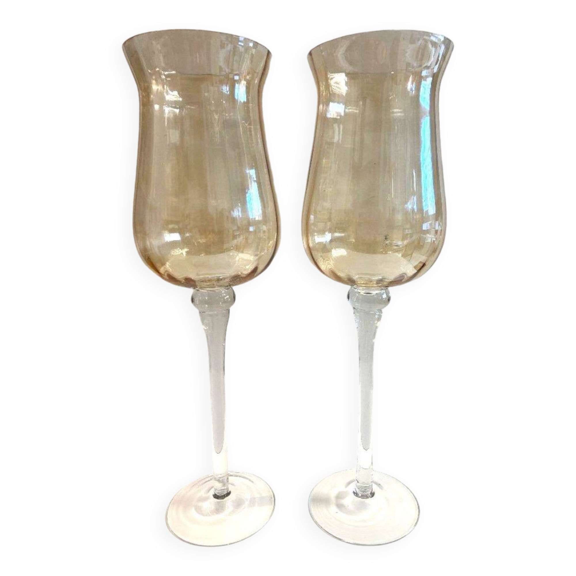 Duo of Tealight Holders Vases Candle Holders on Stand Blown Crystal Glass Amber