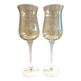 Duo of Tealight Holders Vases Candle Holders on Stand Blown Crystal Glass Amber