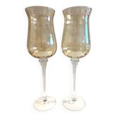 Duo de Photophores Vases Bougeoirs sur Pied Verre Cristal Soufflé Ambré