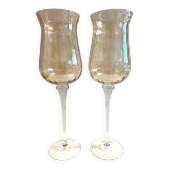 Duo de Photophores Vases Bougeoirs sur Pied Verre Cristal Soufflé Ambré