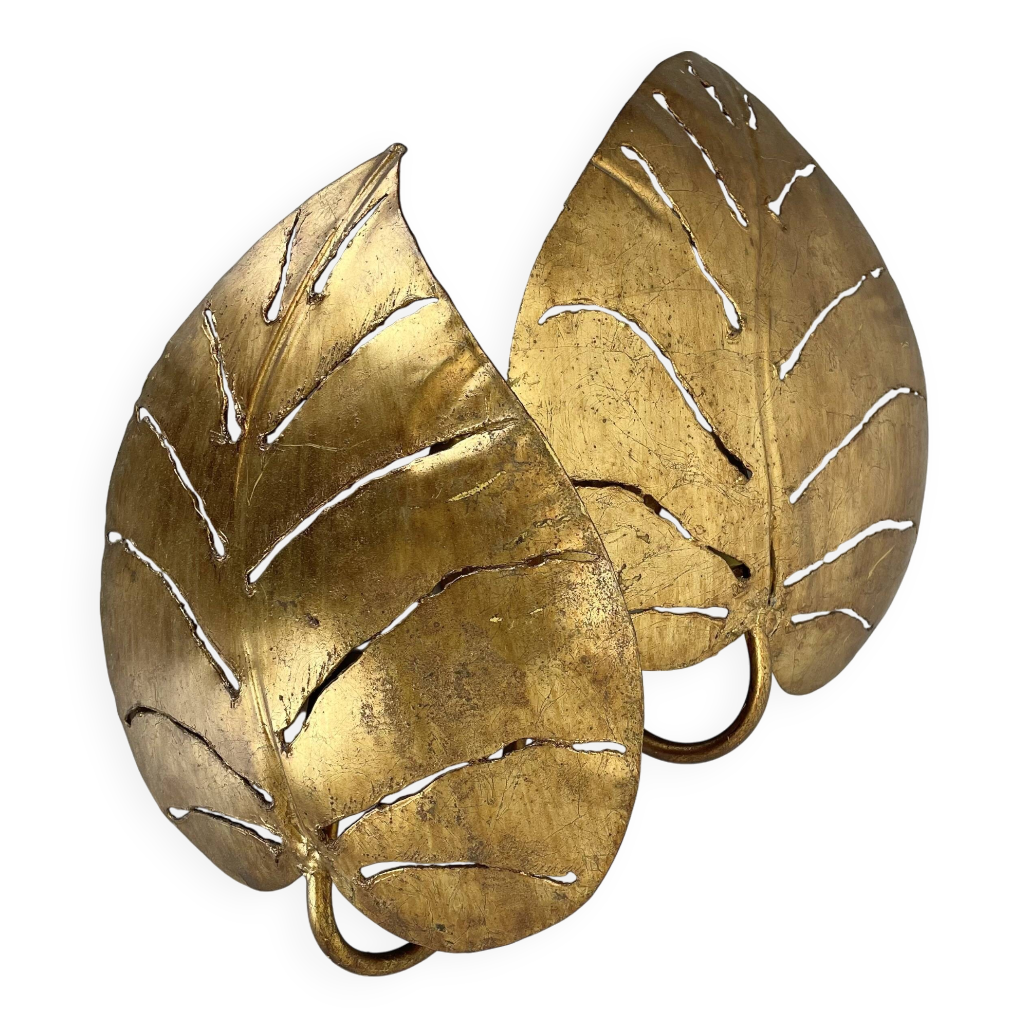 Golden metal "monstera" leaf wall light sconce, france, 1970s