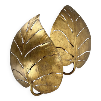 Golden metal "monstera" leaf wall light sconce, france, 1970s