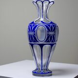 Pair of small crystal vases "overlay" cut with antique blue and white enamel