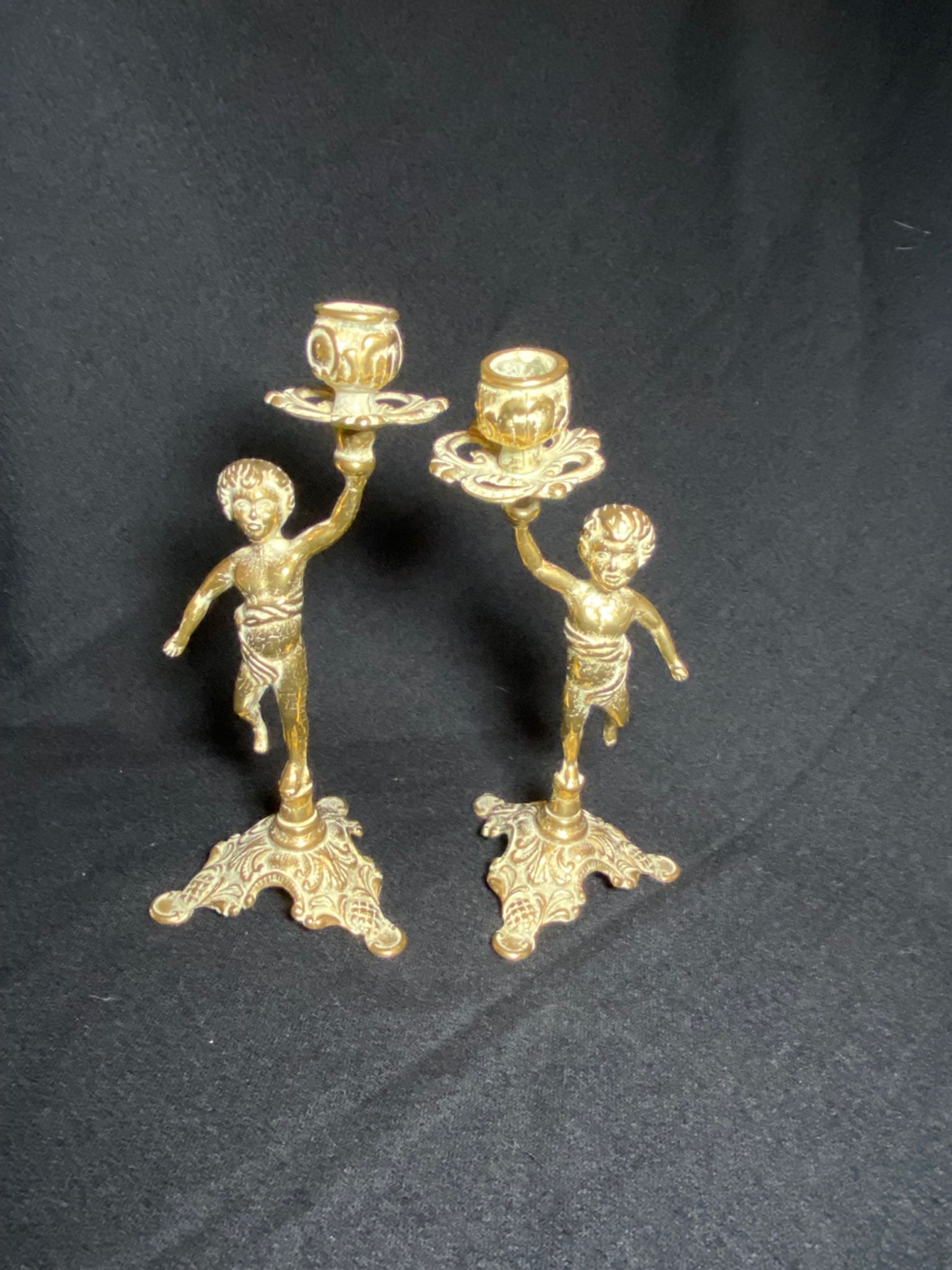 Pair of candlestick buds cherub angel brass