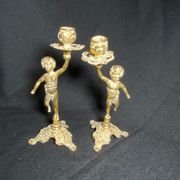 Pair of candlestick buds cherub angel brass