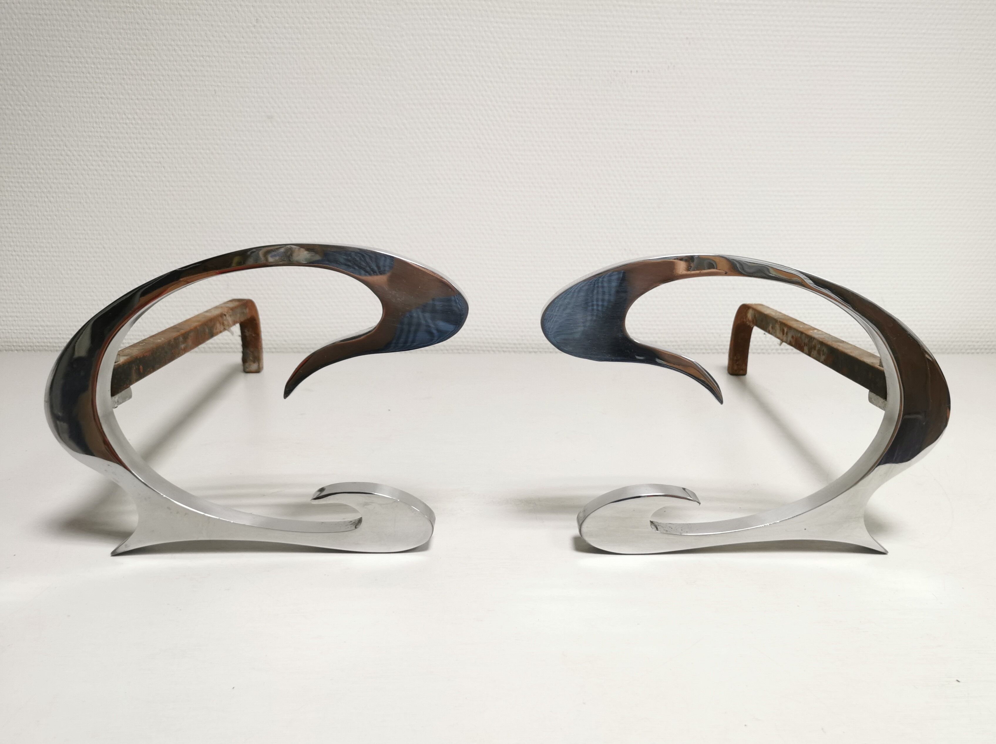 Pair of andirons in brushed steel and metal edition Jean-Paul Créations circa 1970