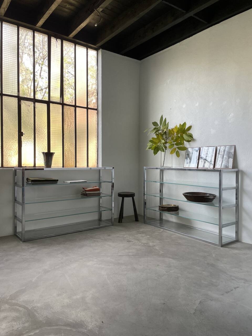 Pair of chrome and glass shelves from the 70s