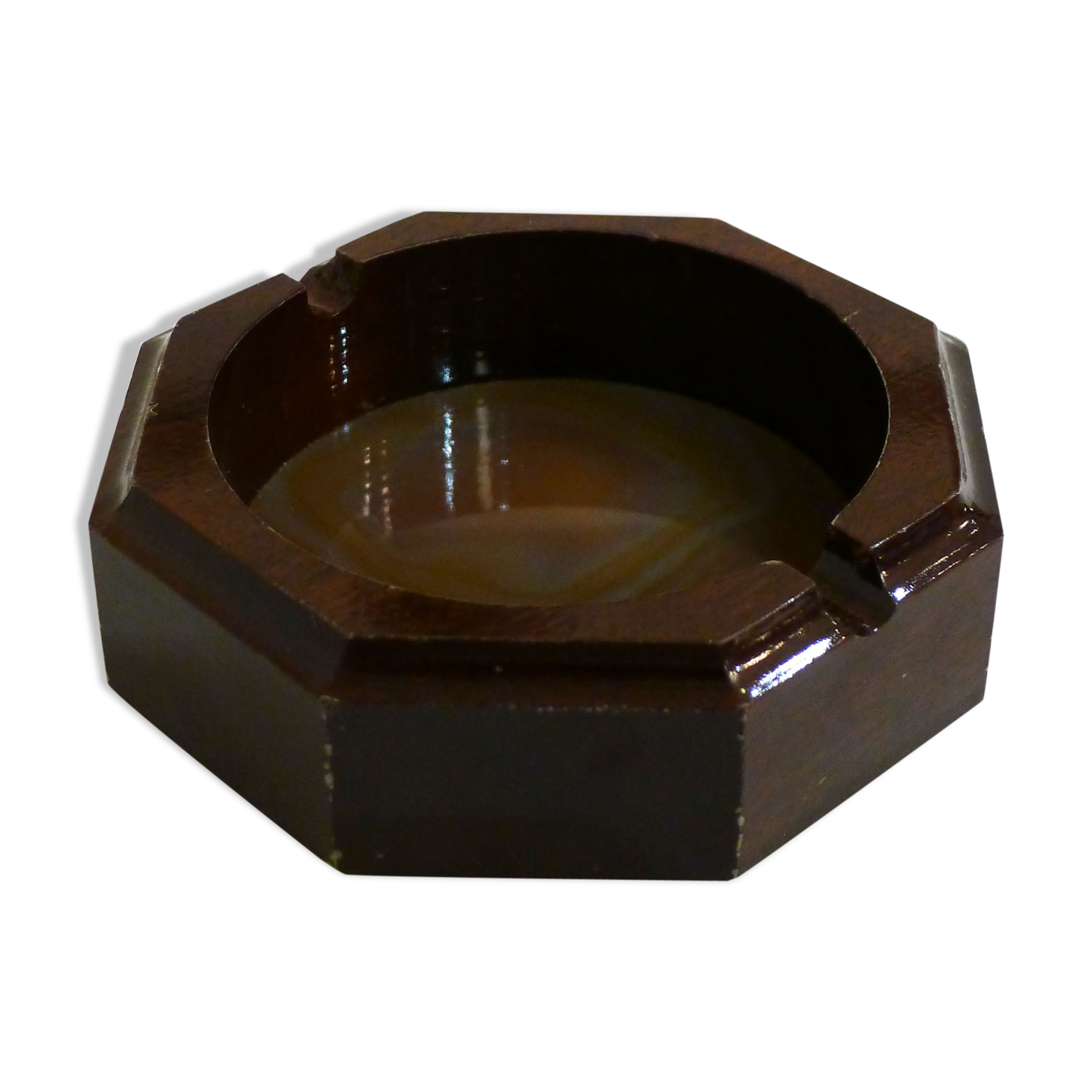 Agate stone and varnished wood ashtray