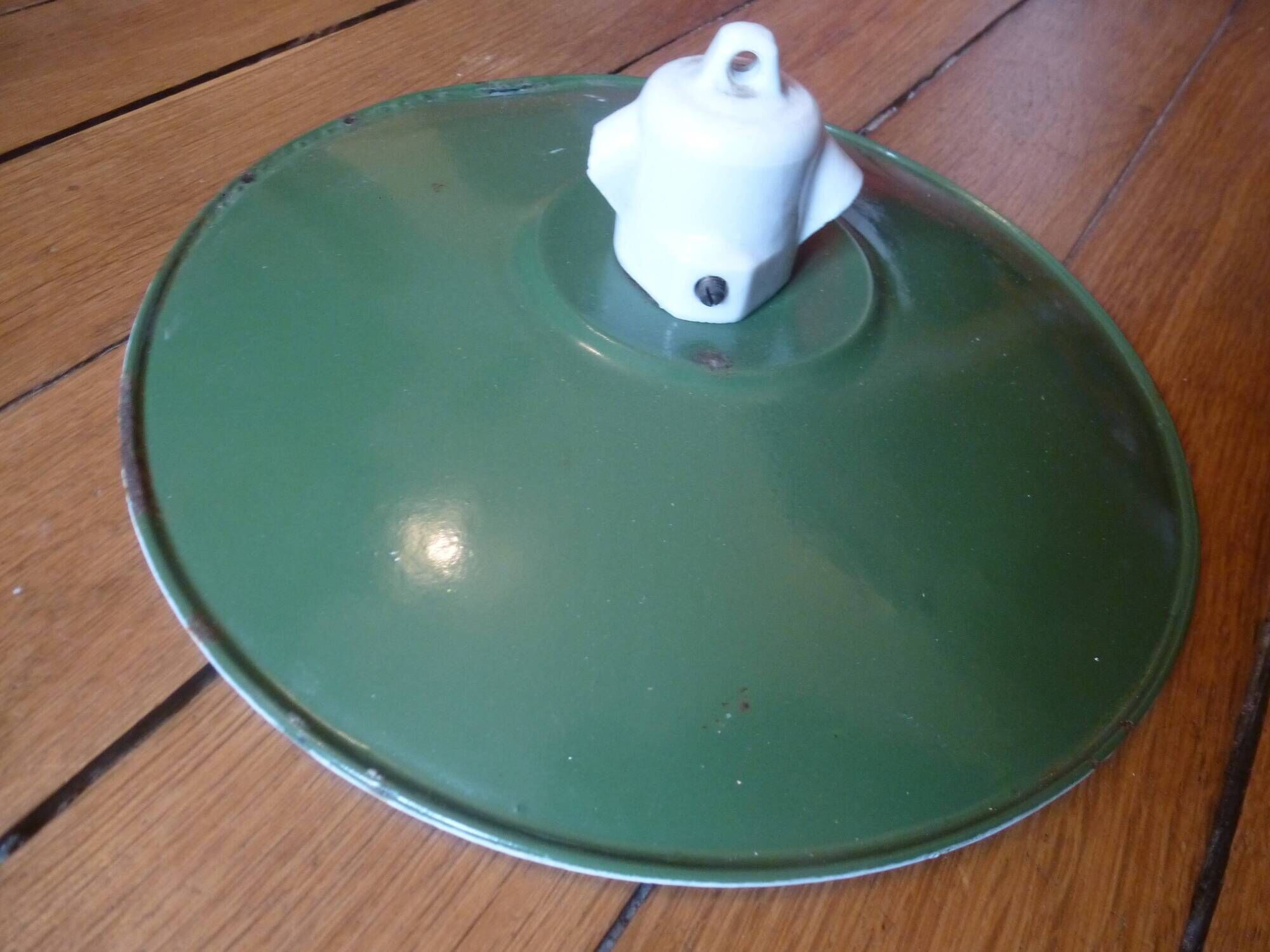 Industrial pendant light green enameled sheet metal and white porcelain #4