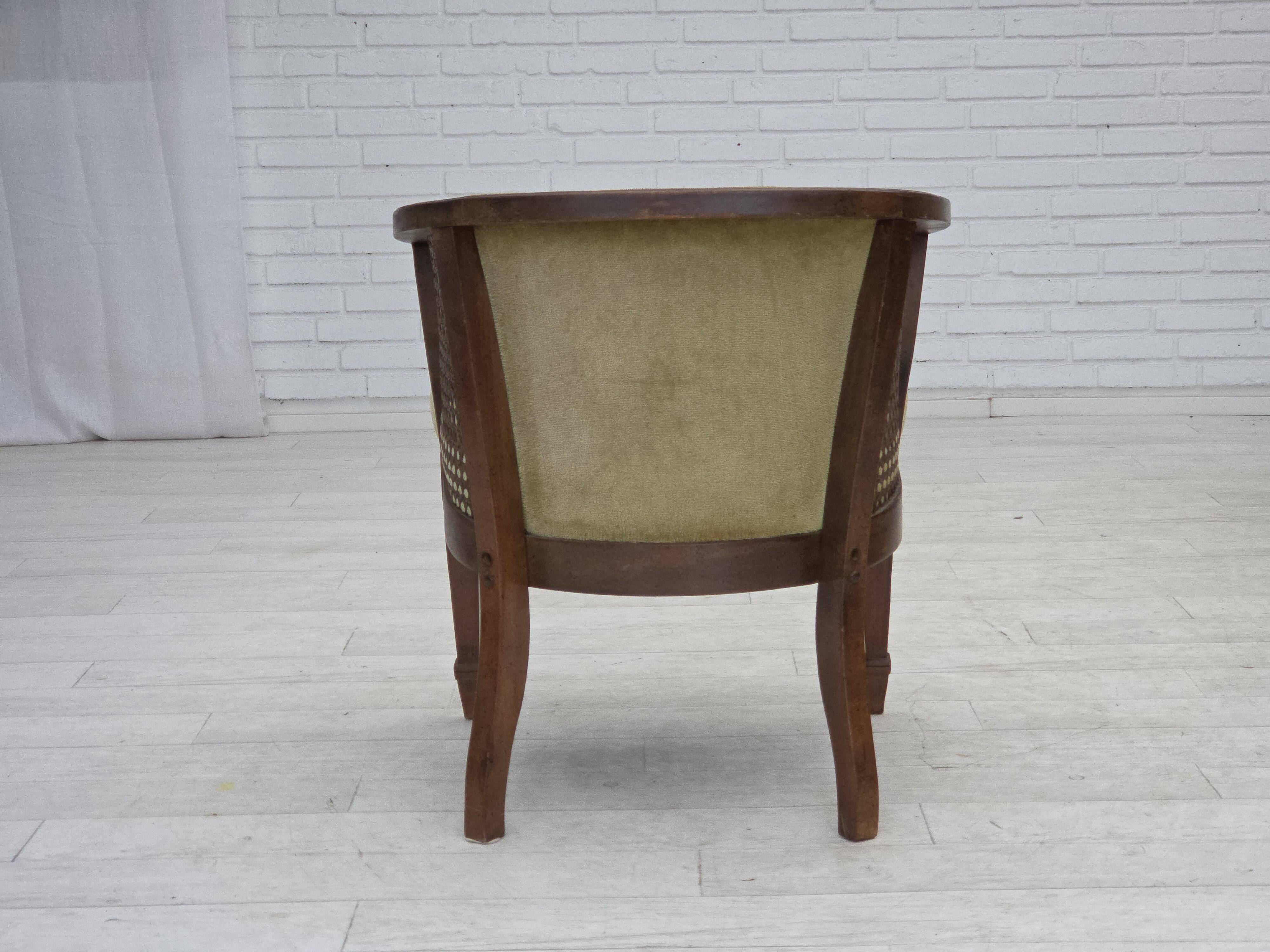 1950s, Danish easy chair, furniture velour, furniture mesh, oak wood.