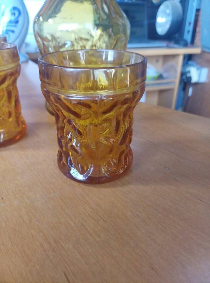 Vintage "BRF" Amber Carafe and 3 Glasses